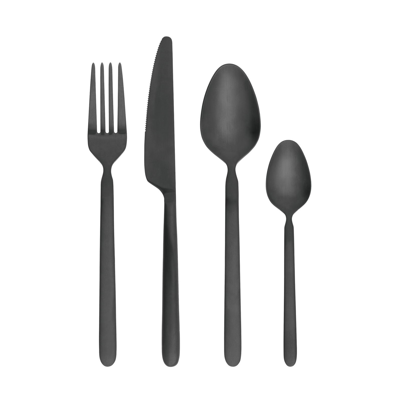 Set of elegant black cutlery including a fork, knife, spoon, and teaspoon on a white background.