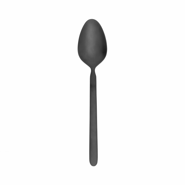 Schwarzer mattschwarzer Löffel auf einem schwarzen Hintergrund, der ein schlankes, modernes Design präsentiert.