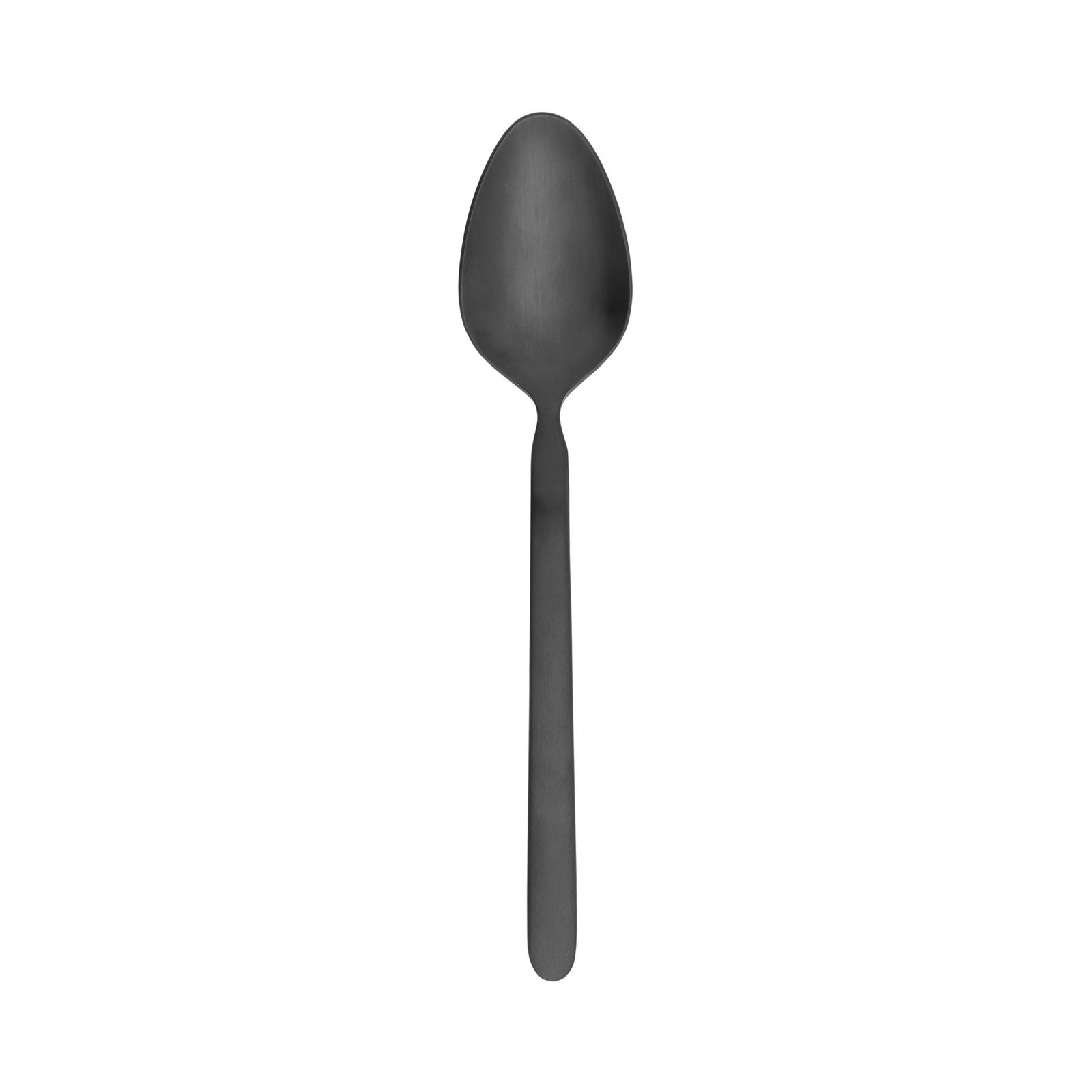 Schwarzer mattschwarzer Löffel auf einem schwarzen Hintergrund, der ein schlankes, modernes Design präsentiert.
