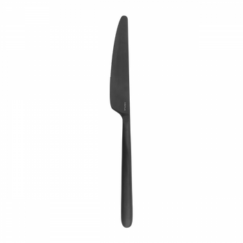 Black serrated kitchen knife with a sleek handle for versatile cutting tasks.