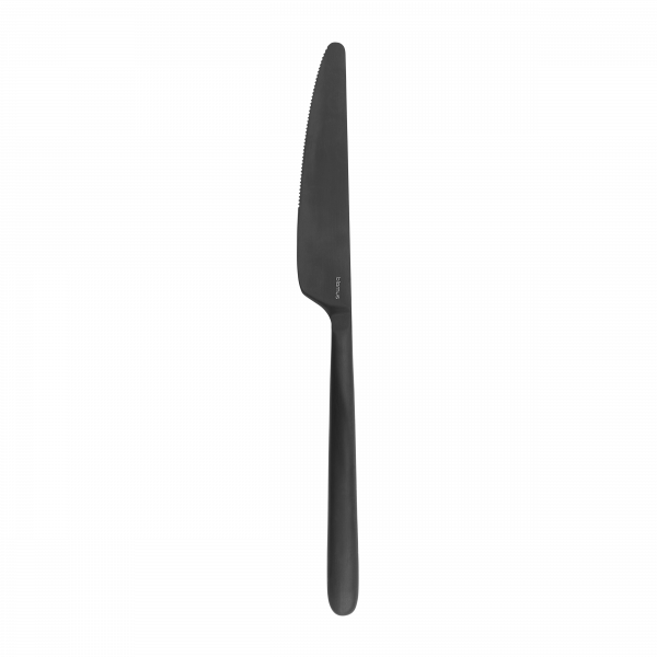 Schwarzes gezahntes Küchenmesser mit einem eleganten Griff für vielseitige Schneidaufgaben.