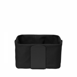 Black fabric storage basket with a sleek design and a sturdy handle.
