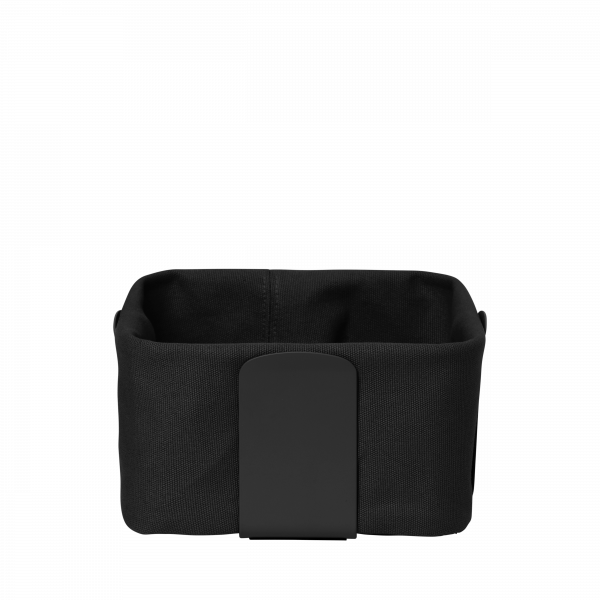 Black fabric storage basket with a sleek design and a sturdy handle.