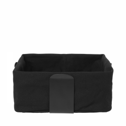 Black fabric storage basket with a sleek, minimalist design and handle.