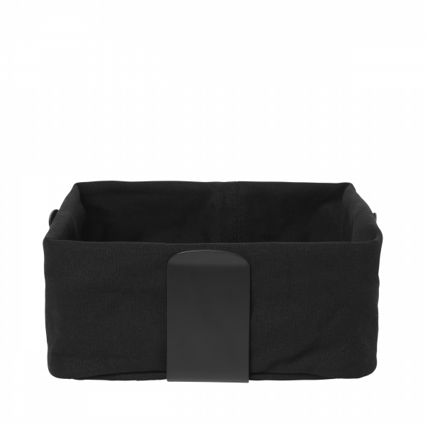 Black fabric storage basket with a sleek, minimalist design and handle.