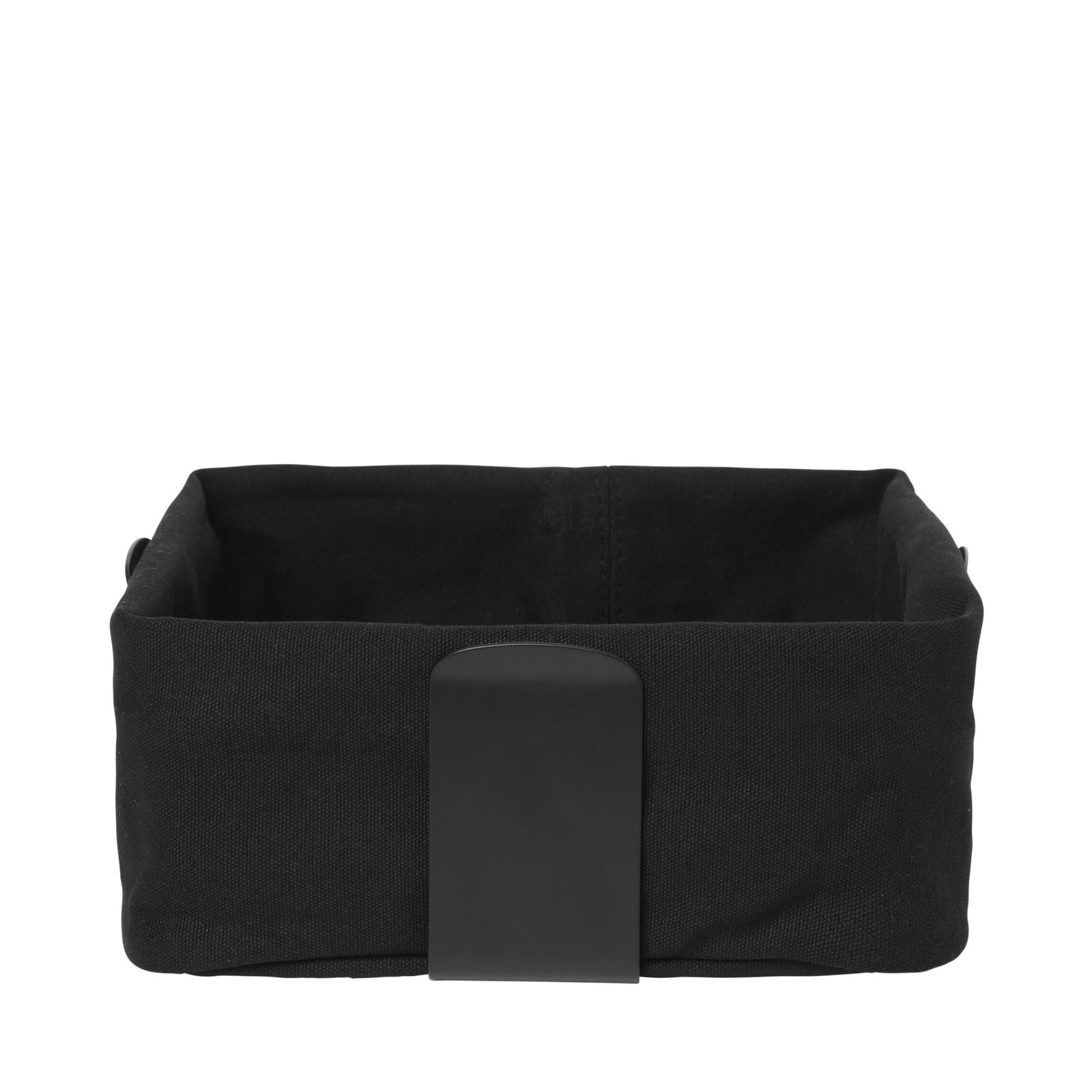 Black fabric storage basket with a sleek, minimalist design and handle.