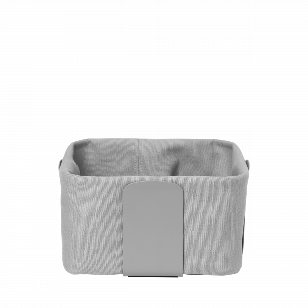 Grey fabric storage basket with a sleek design and sturdy handle.