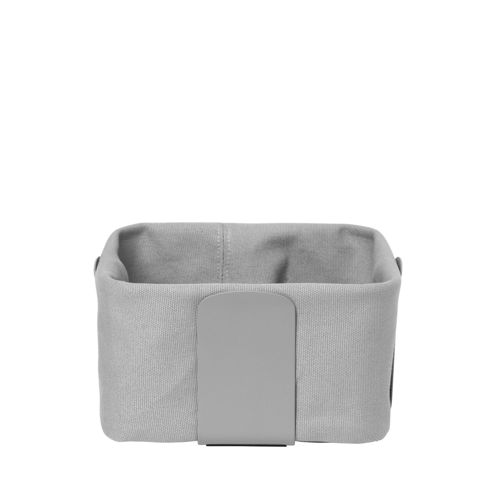 Grey fabric storage basket with a sleek design and sturdy handle.