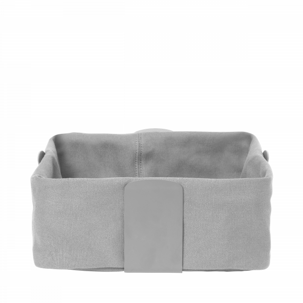 Stylish gray fabric storage basket with a sleek leather handle.