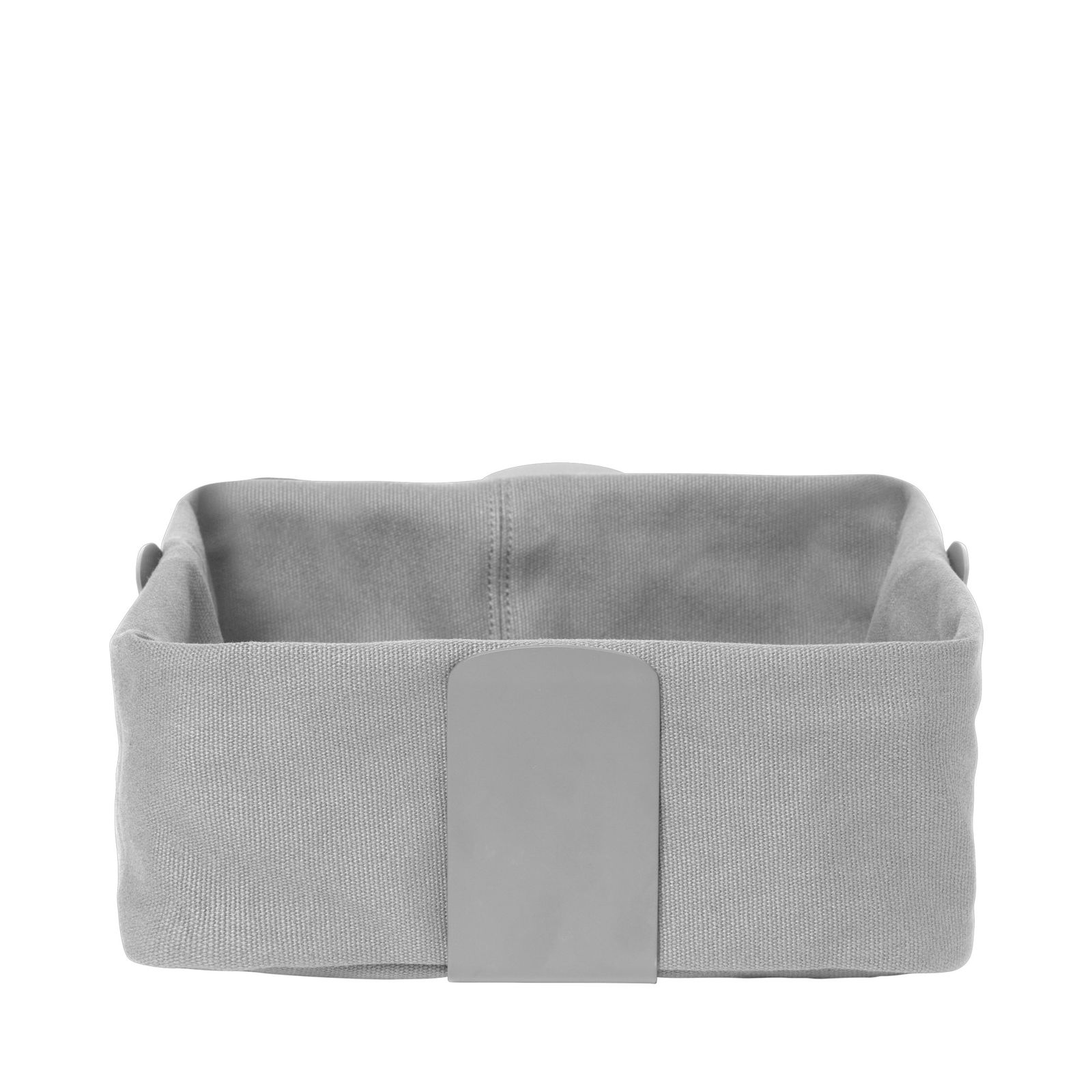 Stylish gray fabric storage basket with a sleek leather handle.