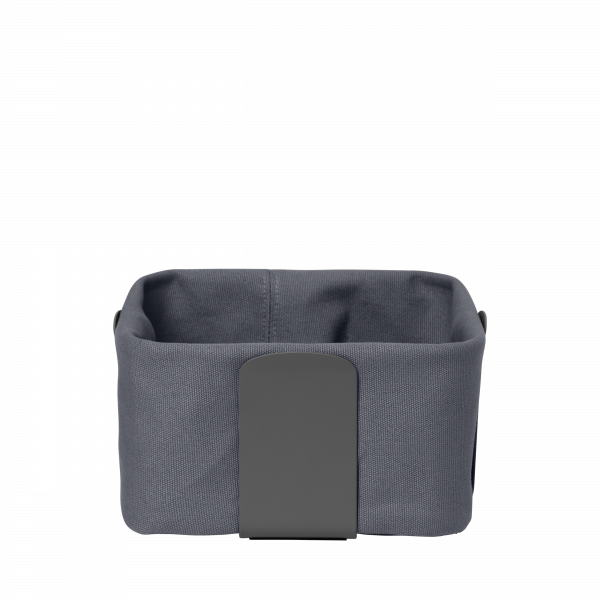 Gray fabric storage basket with a stylish handle for organized home décor.