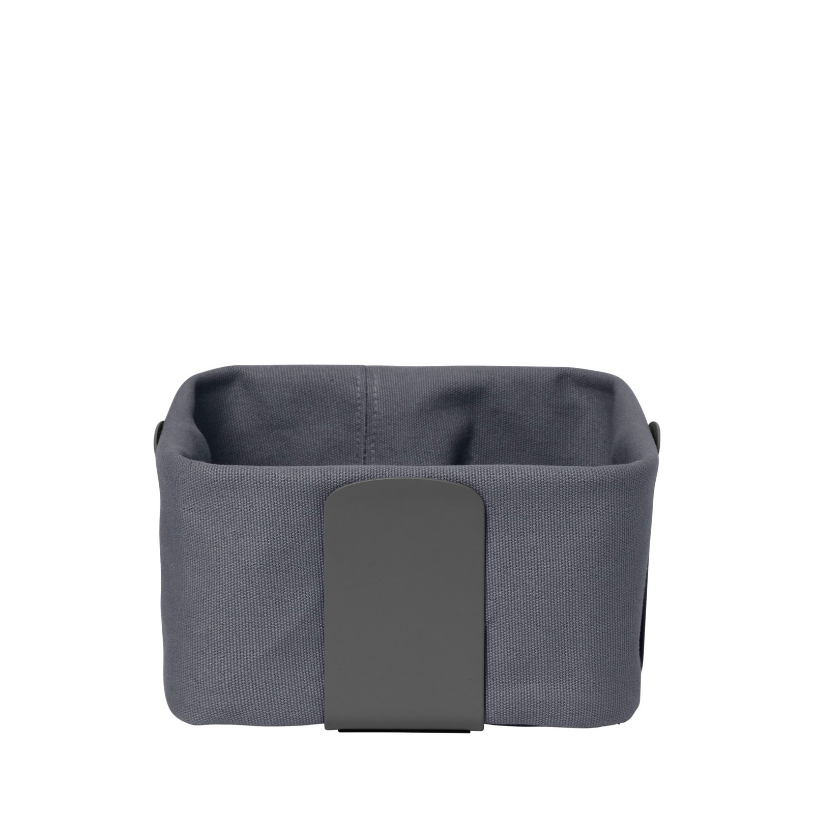 Gray fabric storage basket with a stylish handle for organized home décor.