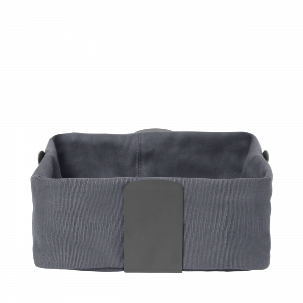 Gray fabric storage basket with a sleek handle on a black background.