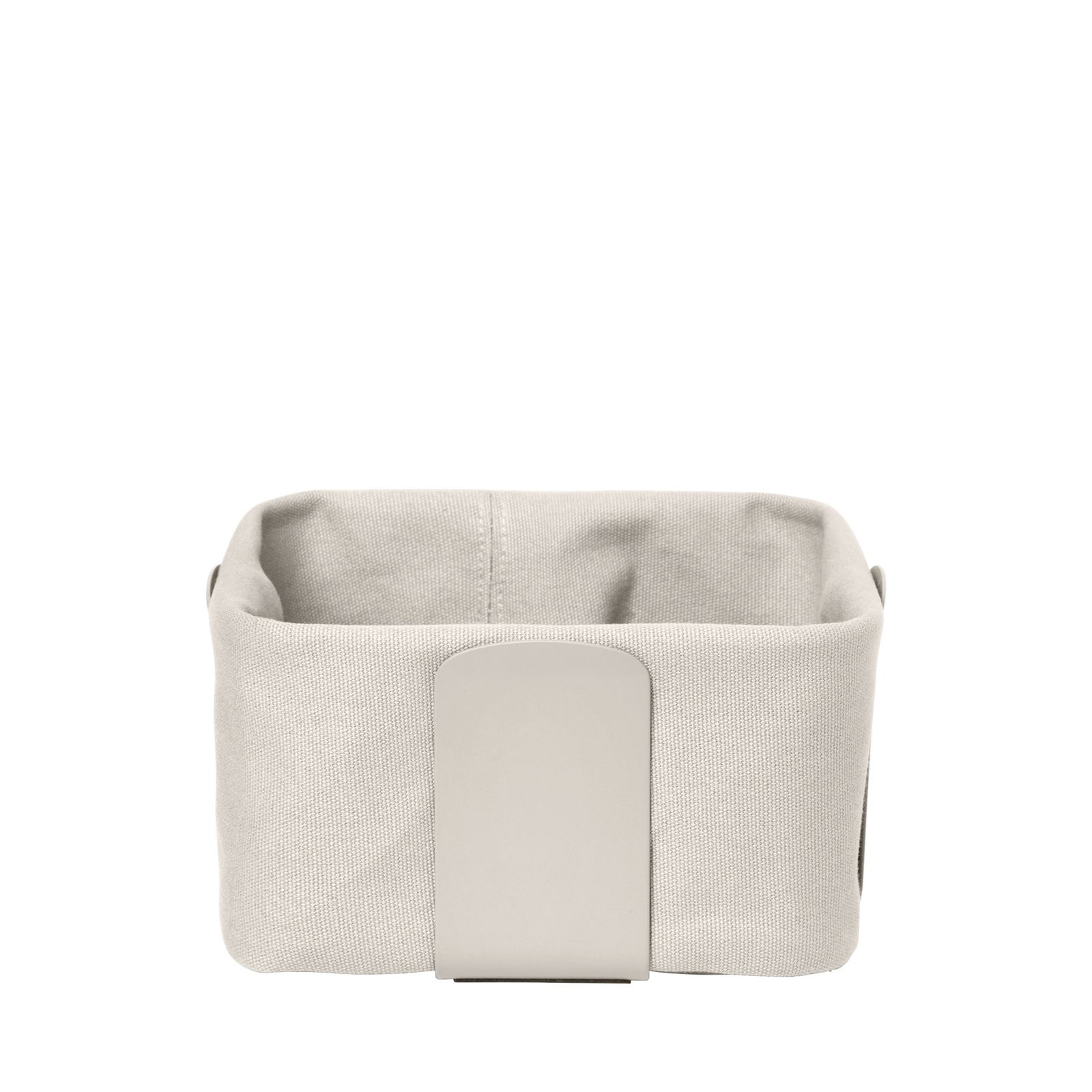 Small fabric storage basket with a minimalist design and a beige color.