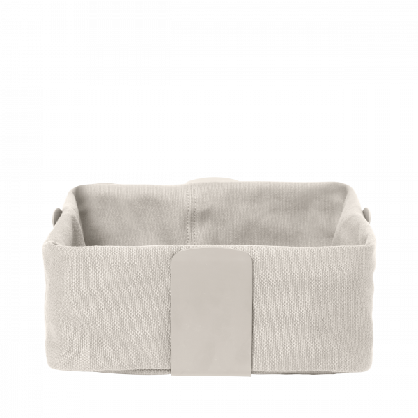 Gray fabric storage basket with a sleek, minimalist design and a sturdy handle.