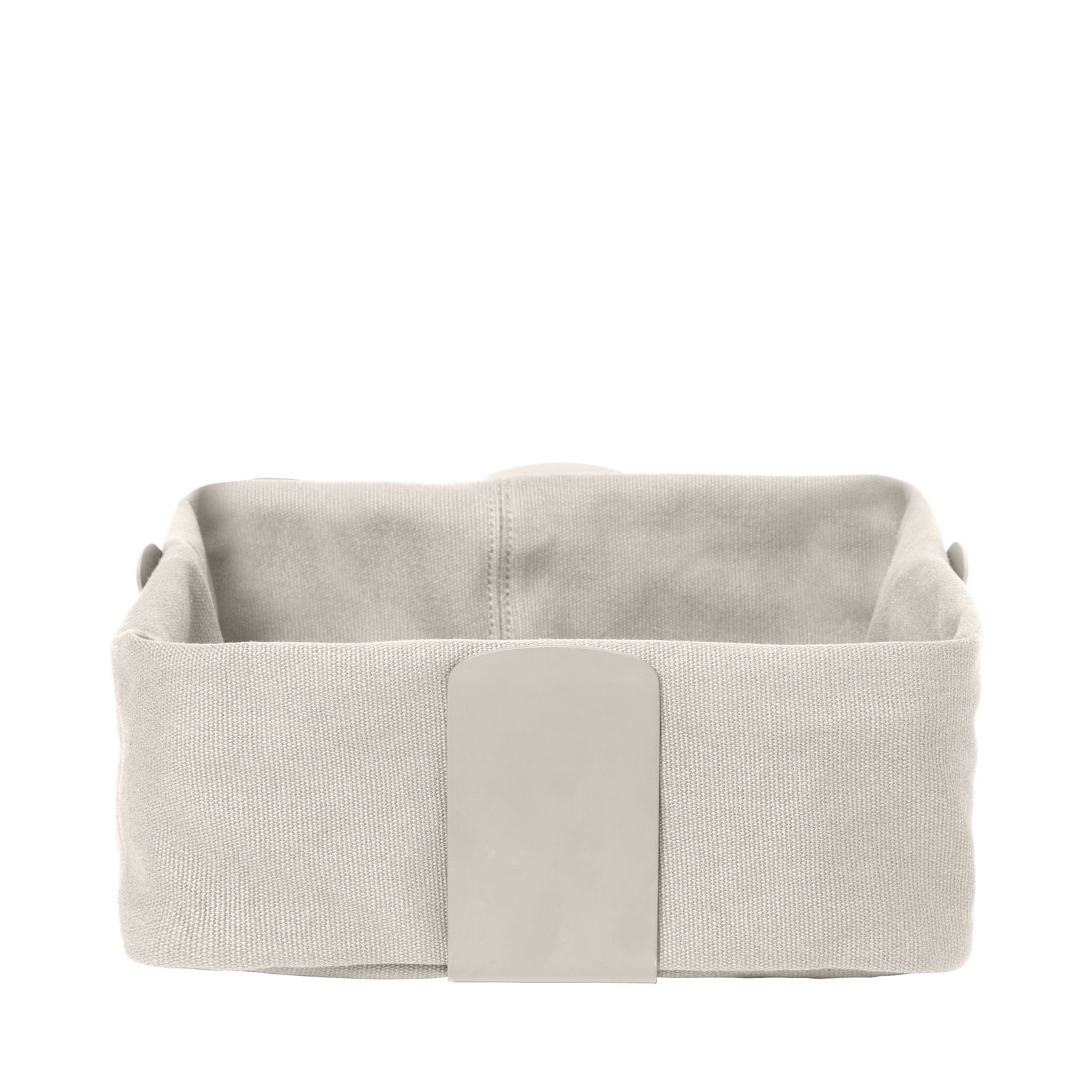 Gray fabric storage basket with a sleek, minimalist design and a sturdy handle.