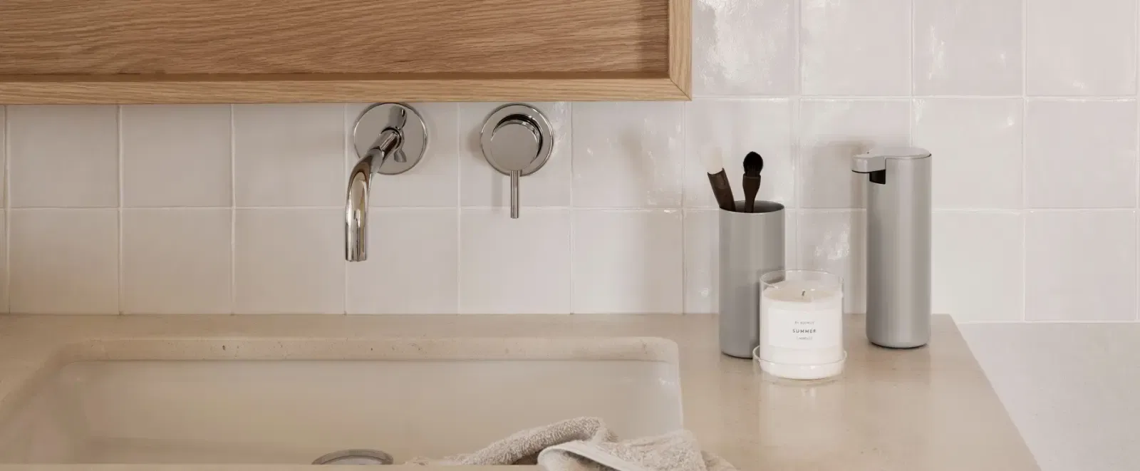Bathroom, wash table and soap dispenser