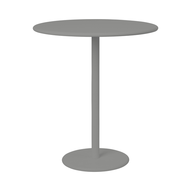 Moderner runder Tisch in Grau mit schlankem Ständer und stabilem Sockel.