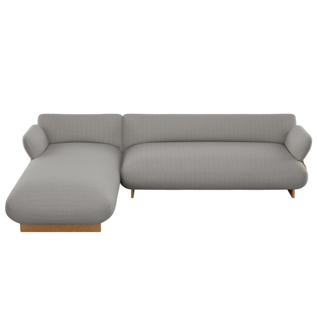 Moderne graue Couch mit Chaiselongue und Holzfüßen im minimalistischen Design.
