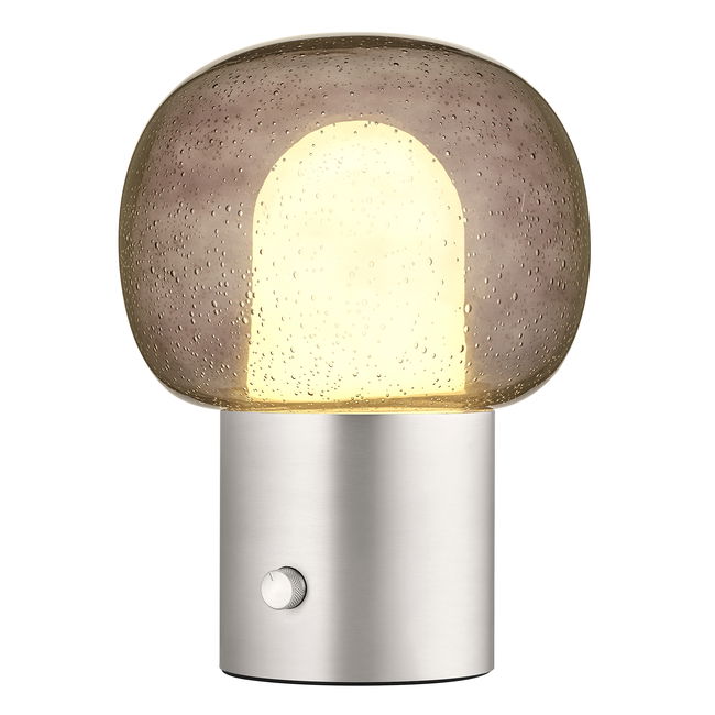 Moderne Tischlampe mit kugelförmigem, durchscheinendem Lampenschirm und Metallbasis.