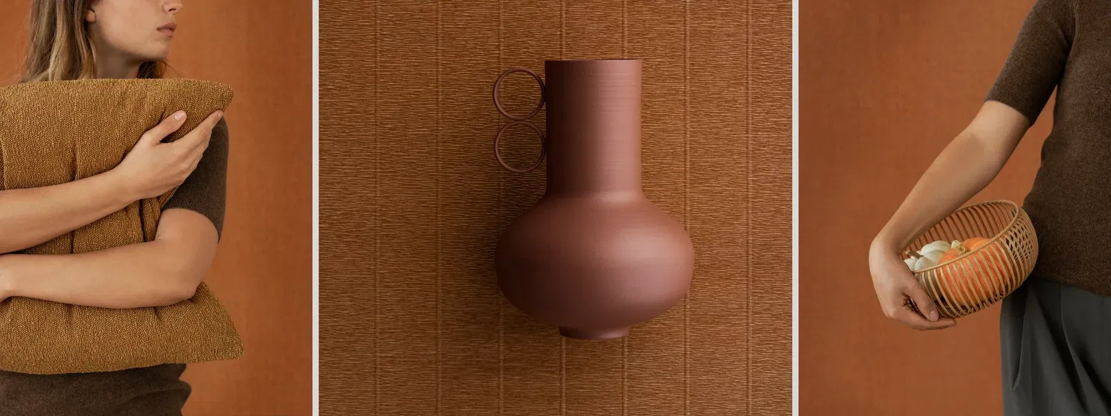 Moderne Wohnaccessoires mit Erdtönen und natürlichen Materialien in stilvollem Arrangement.