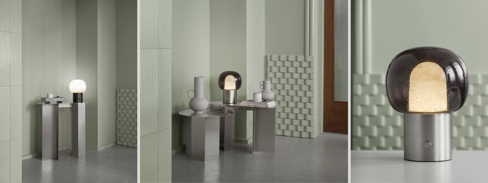 Moderne Tischleuchten und Designobjekte in einem stilvollen, hellgrünen Raum arrangiert.