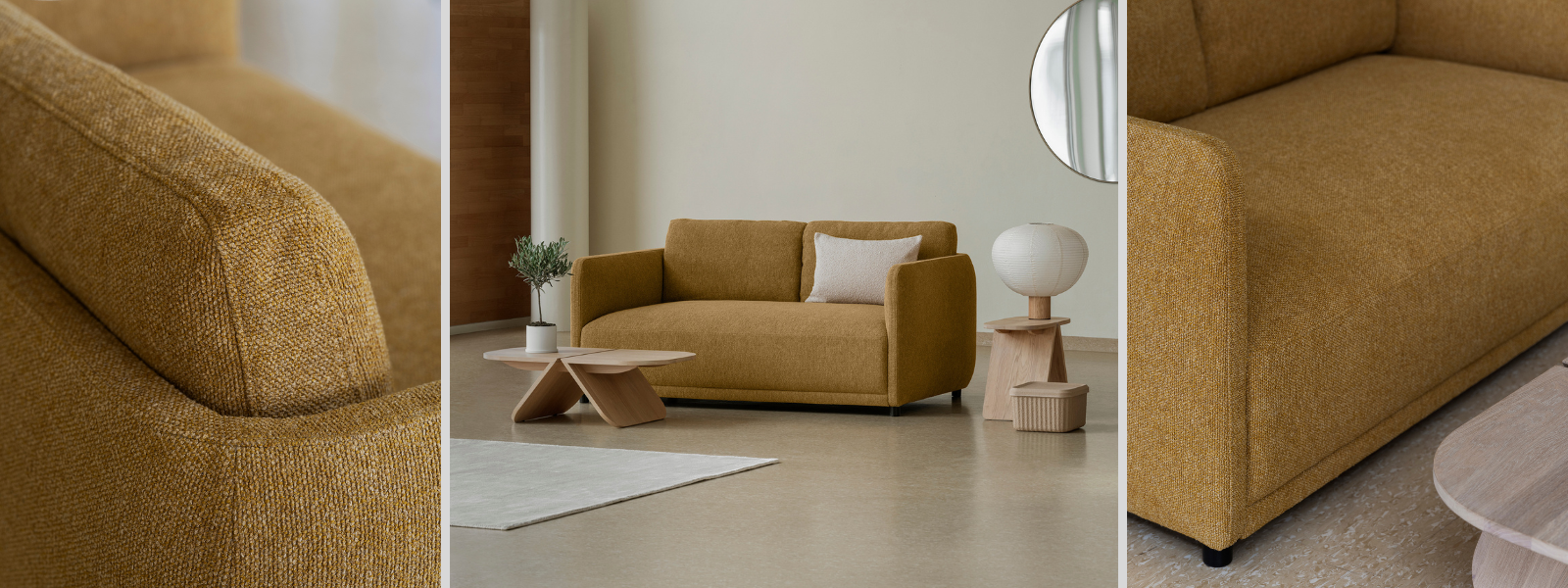 Gemütliches gelbes Sofa im modernen Wohnzimmer mit stilvollen Möbeln und Dekoration.