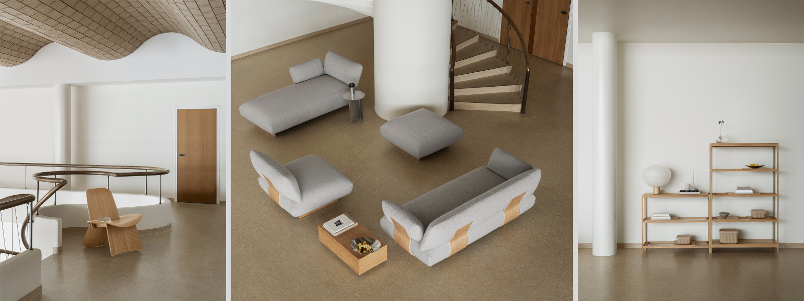 Helles, modernes Interieur mit bequemen Möbeln und stilvollen Holzregalen.