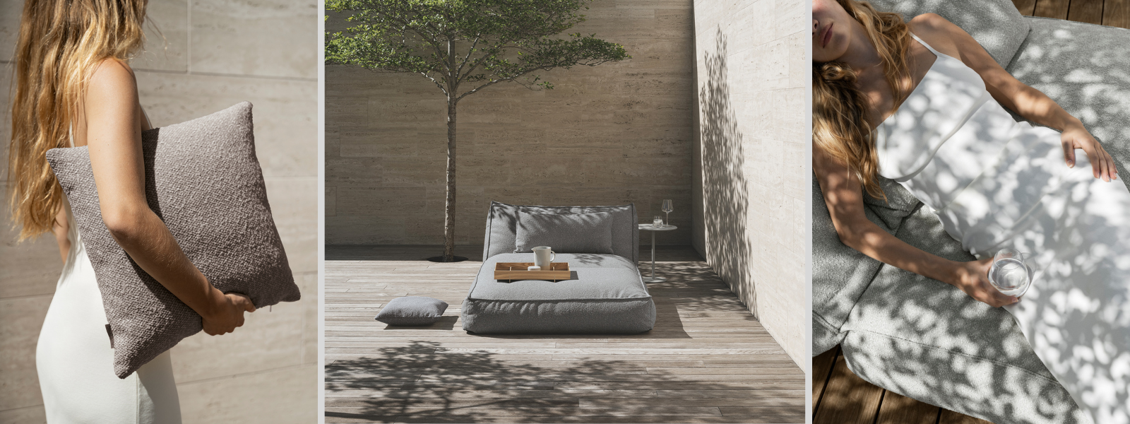 Moderne Terrassenmöbel mit Kissen und entspannter Person in einem stilvollen Außenbereich.