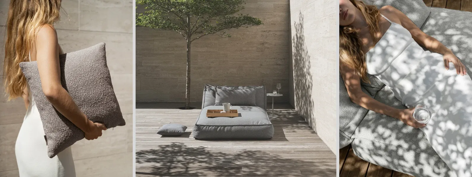 Moderne Terrassenmöbel mit Kissen und entspannter Person in einem stilvollen Außenbereich.