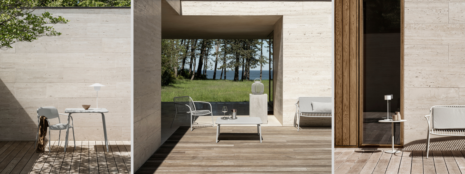 Moderne Terrasse mit minimalistischer Möbelanordnung und Blick auf die Natur.