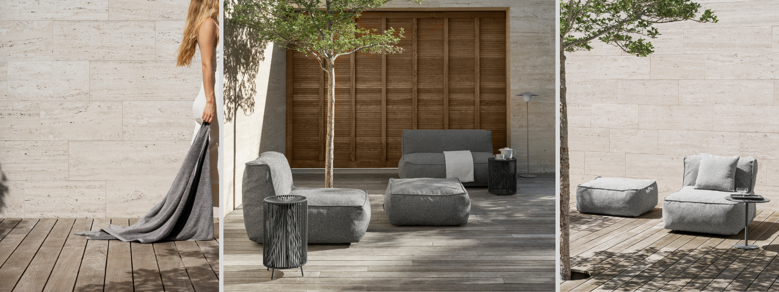 Moderne Gartenmöbel und entspannte Atmosphäre auf einer Holzterrasse mit natürlichen Elementen.