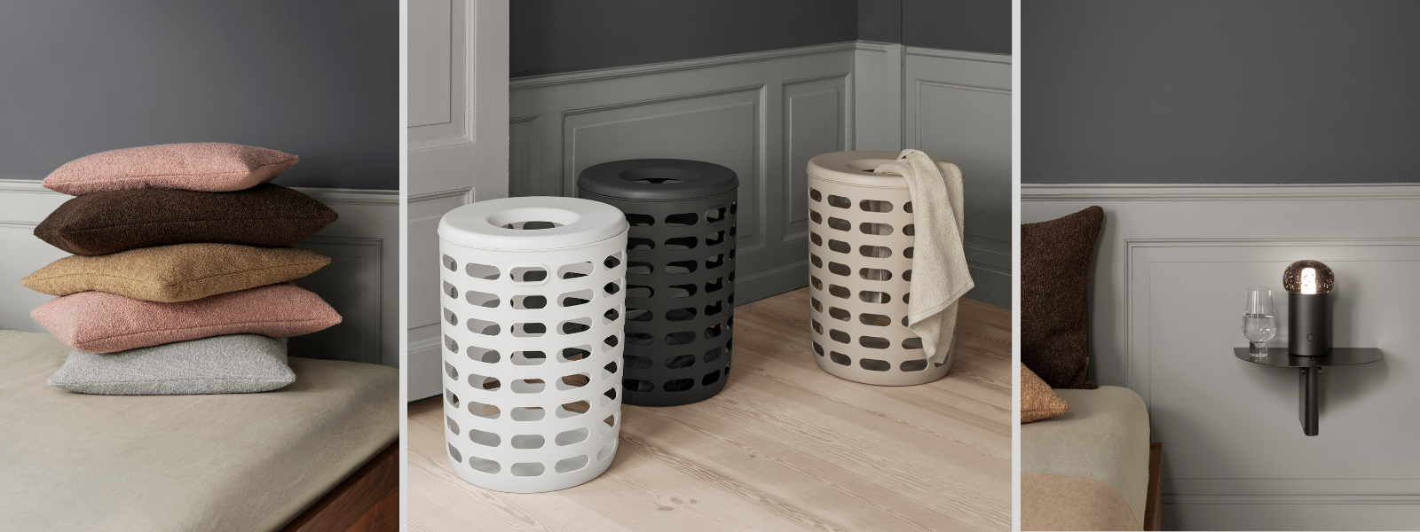 Stylish home decor featuring stacked cushions and modern laundry baskets in a chic interior.