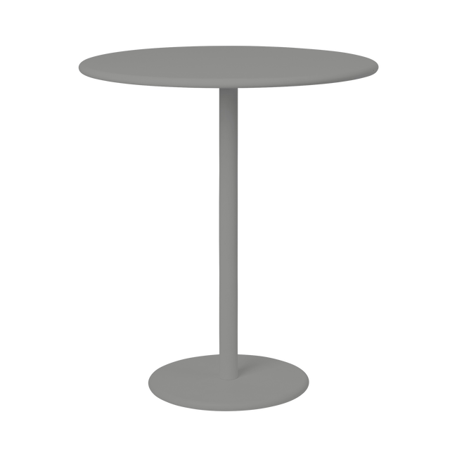 Moderner, runder Stehtisch mit schlankem Fuß-Design in neutraler Farbe.