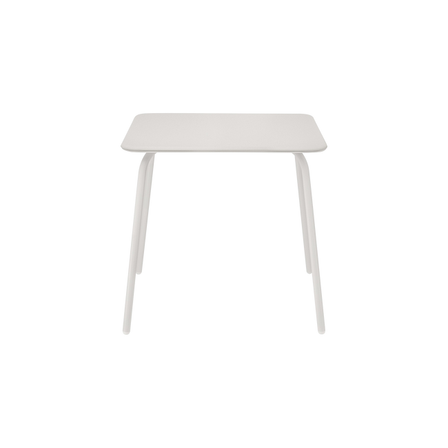 Weißer Tisch mit minimalistischem Design und schmalen Beinen auf schwarzem Hintergrund.
